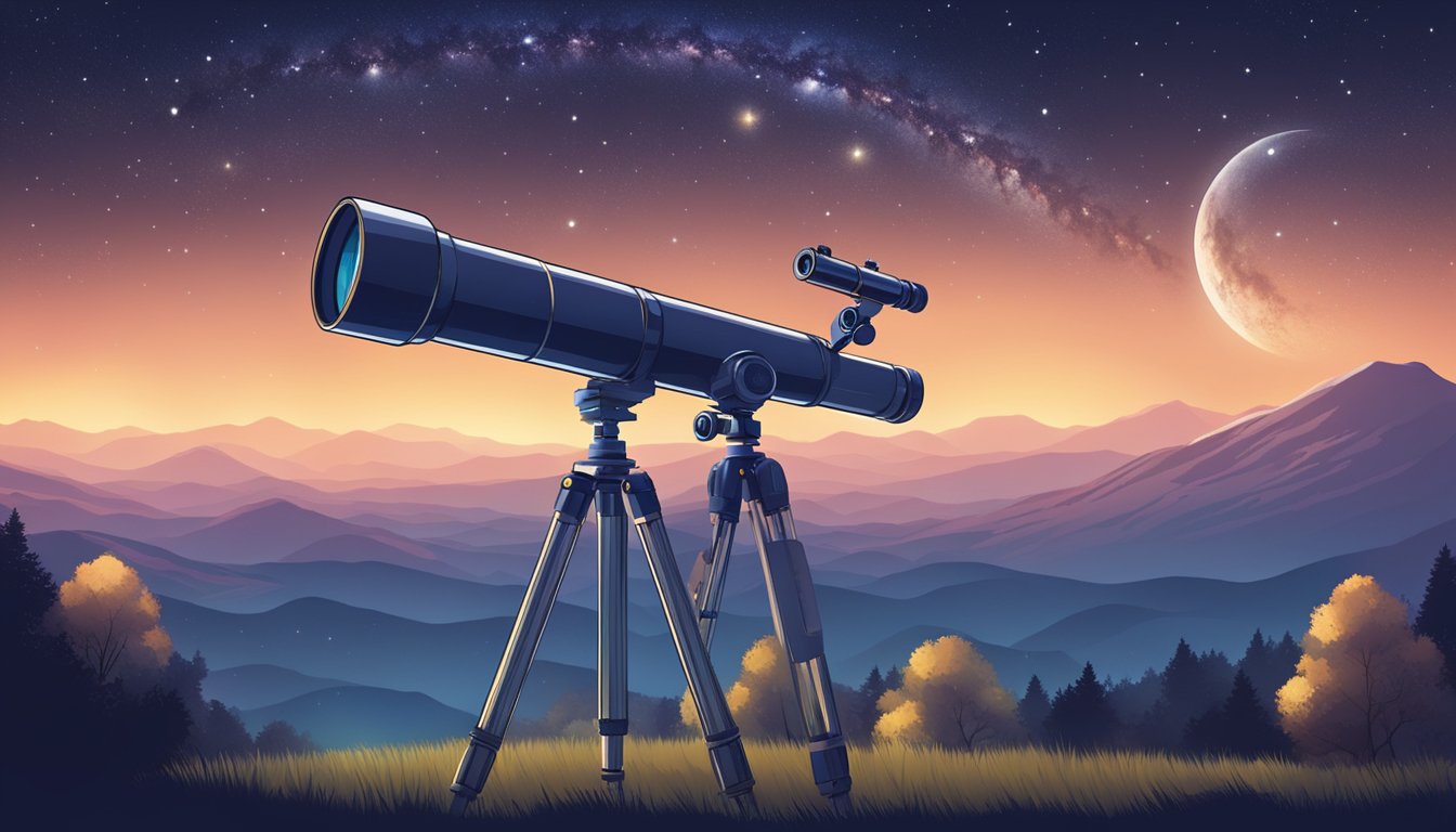 A telescope pointed towards the starry night sky, capturing the Milky
Way and distant galaxies. The moon shines brightly, illuminating the
landscape
below