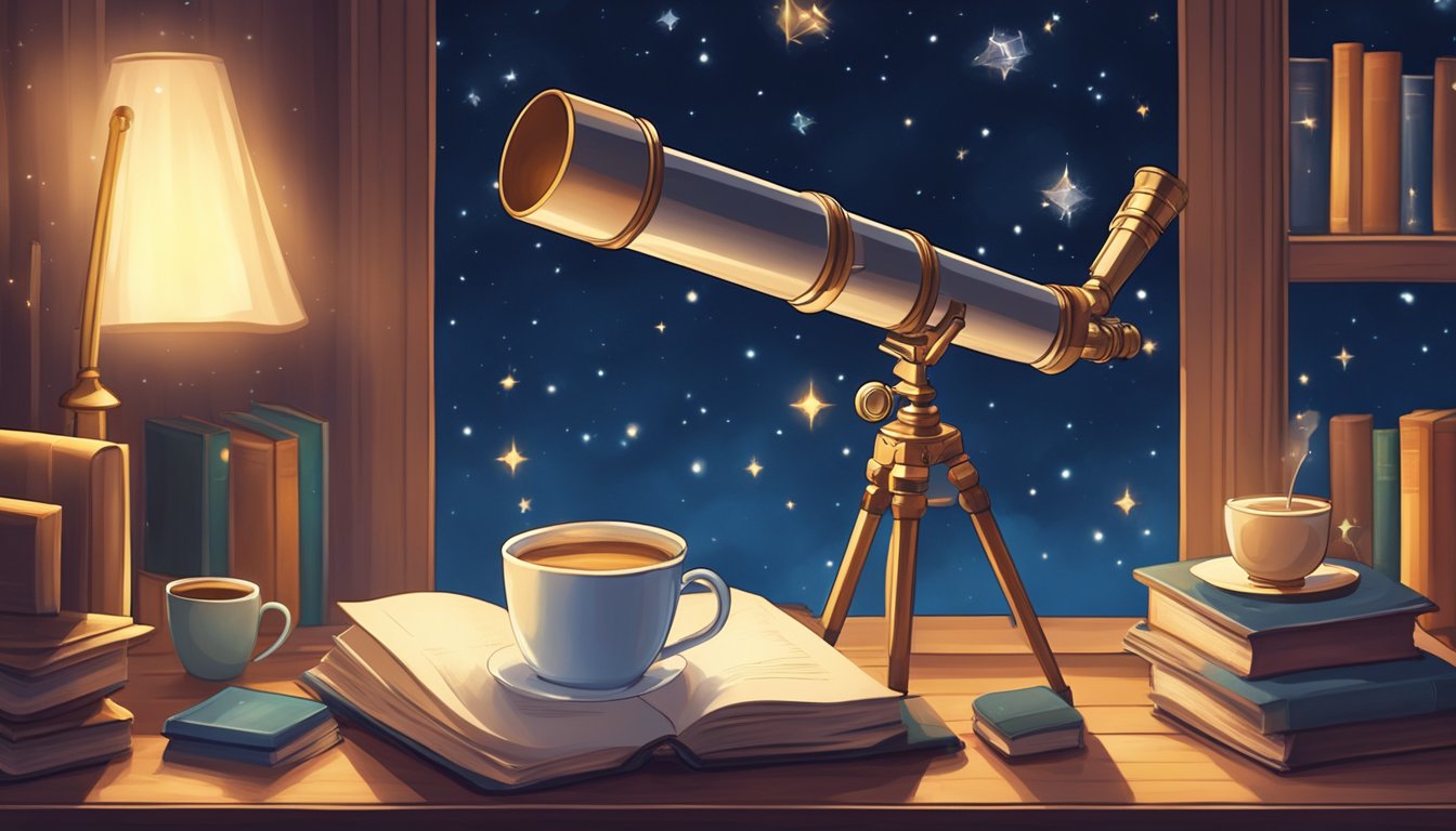 A telescope points towards a star-filled night sky, surrounded by
books on astronomy. A cozy blanket and hot drink add to the atmosphere
of relaxation and
discovery