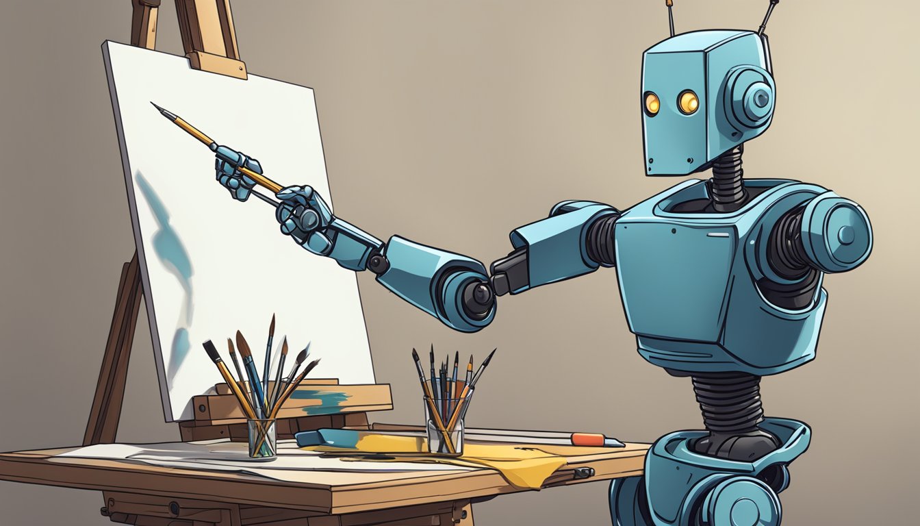 A robot arm wielding a paintbrush, overshadowing a traditional
artist’s
easel