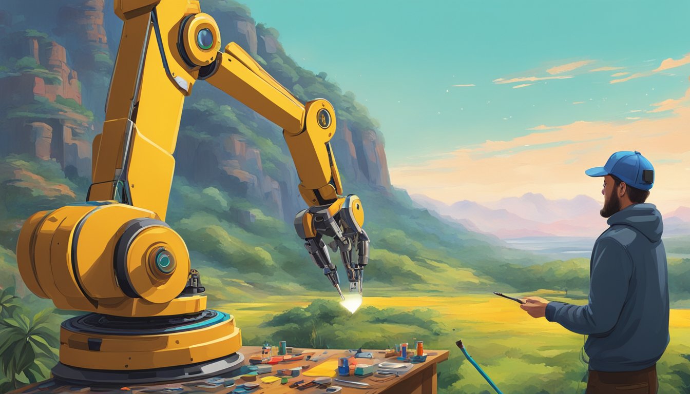 A robotic arm paints a vibrant landscape, while a traditional artist
looks on in
disbelief