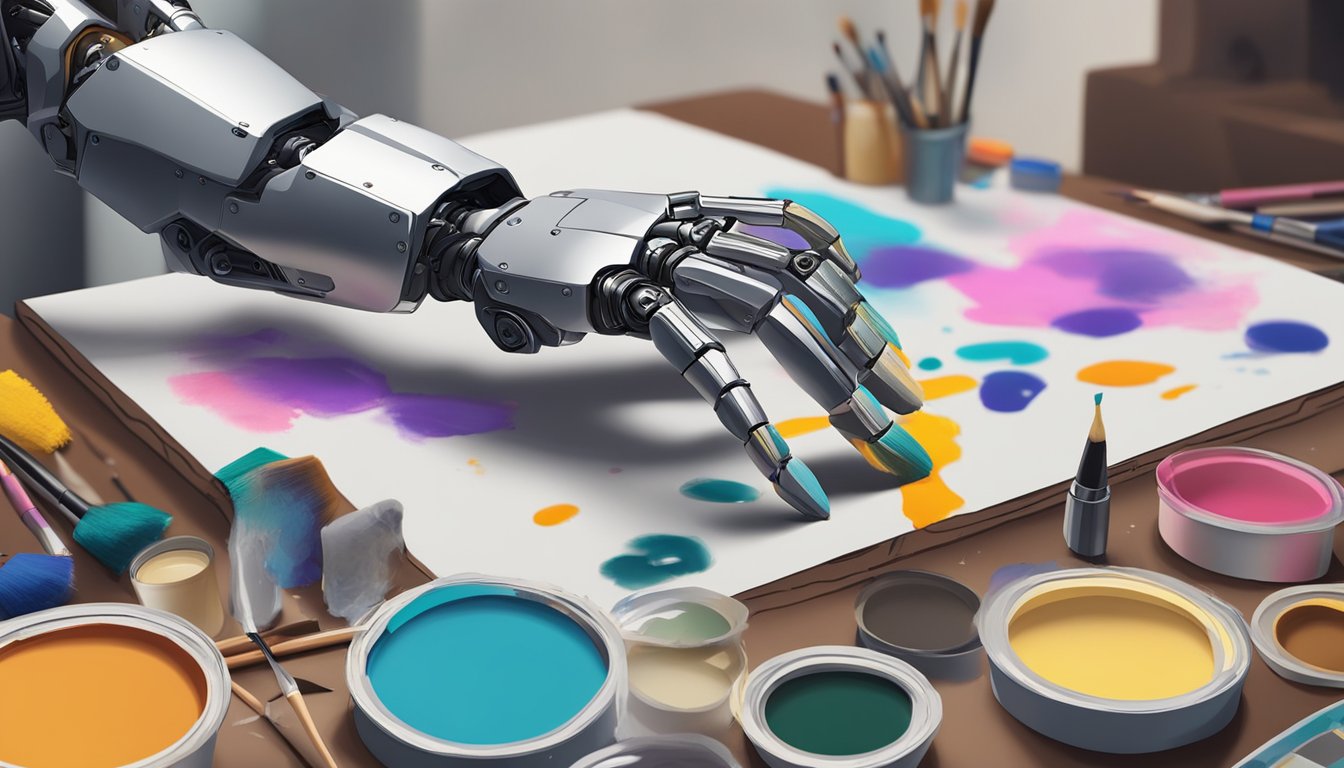 A robot arm paints over a canvas while traditional brushes lay
untouched. AI art questions the role of skilled
artists