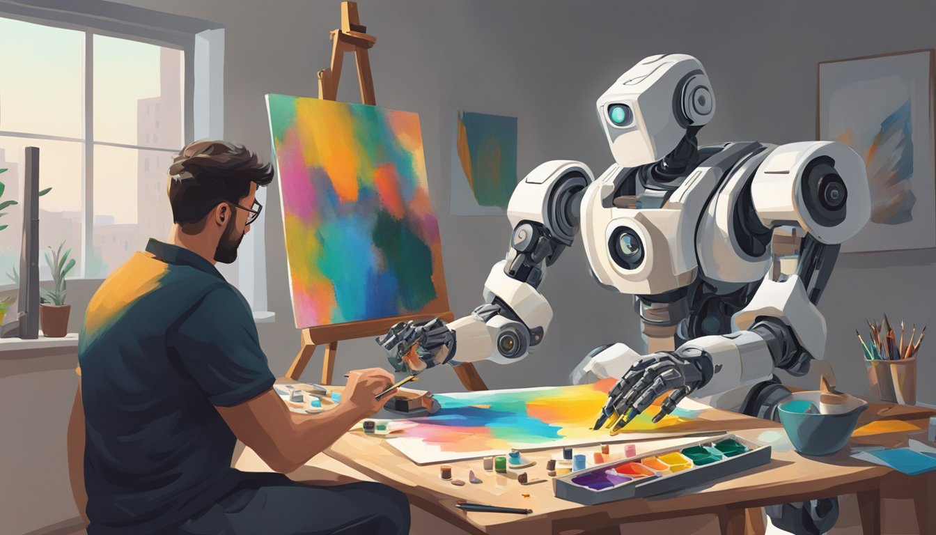 A robotic arm paints a canvas, while a traditional artist looks on in
frustration