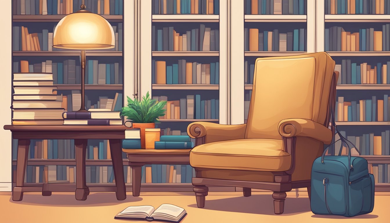 A stack of traditional books and a tablet with an e-book displayed,
surrounded by a cozy reading nook with a comfortable chair and soft
lighting
