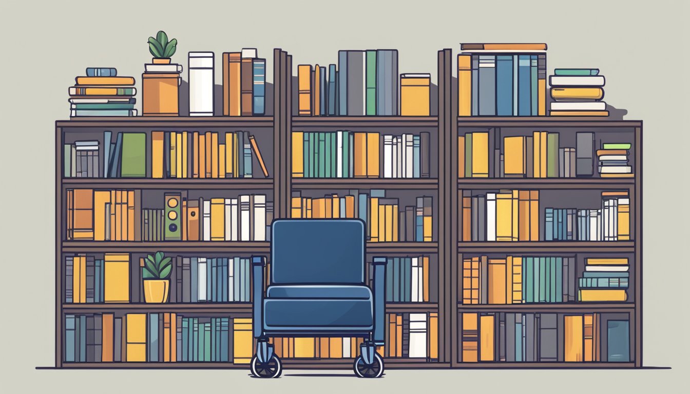 A stack of e-books and traditional books side by side, with a tablet
displaying customizable text options. A wheelchair-accessible bookshelf
is
nearby