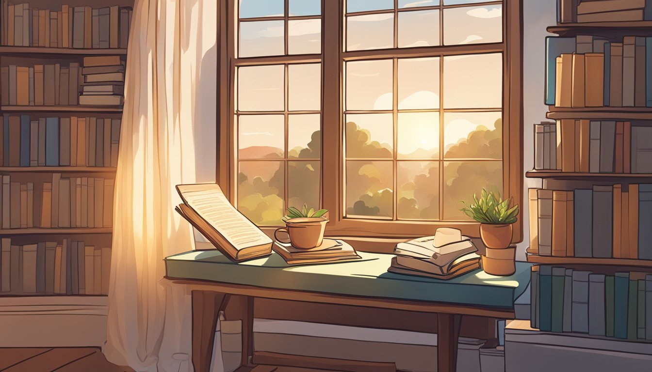 A cozy reading nook with a stack of traditional books on one side and
a tablet displaying e-books on the other. Natural light streams in
through a window, casting a warm glow over the
scene