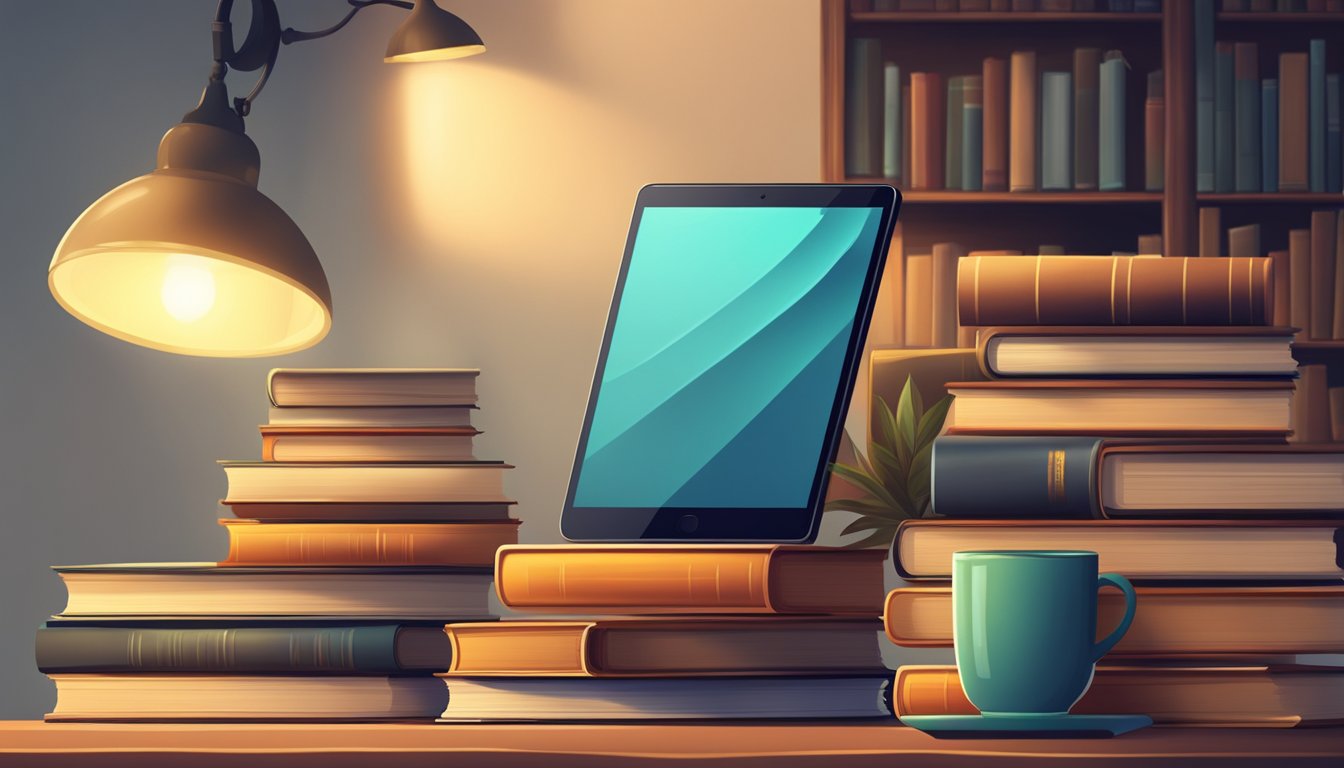 A stack of traditional books and a tablet with e-books side by side on
a desk, surrounded by a cozy reading nook with a comfortable chair and
soft
lighting