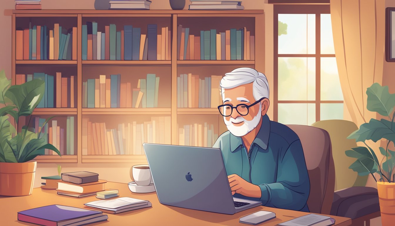 An elderly person using a computer to access online learning
resources, with a bookshelf in the background and a cozy, well-lit
room