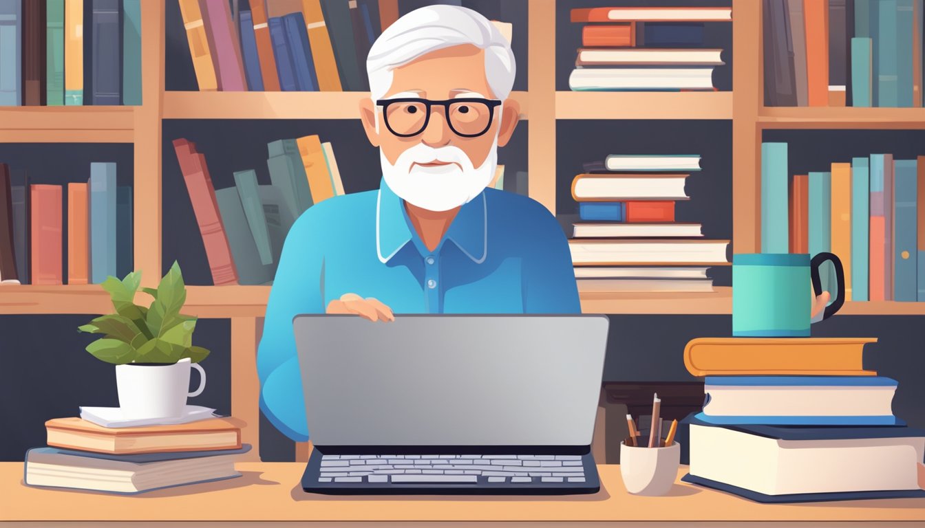 Elderly person using a computer, surrounded by books and educational
materials. Online courses and resources displayed on
screen