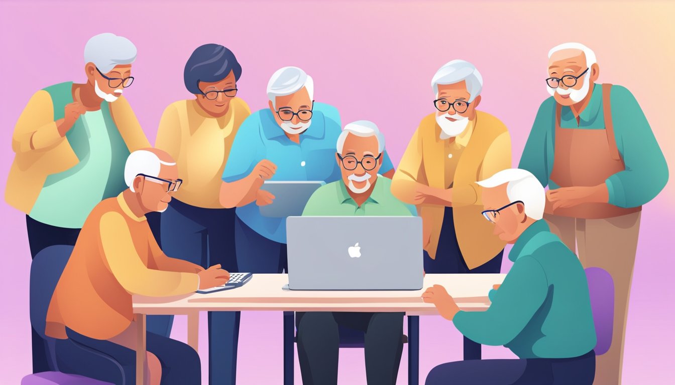 A group of senior citizens gather around a computer, engaged in an
online learning session. They are connected and focused on the screen,
eager to expand their knowledge and
skills