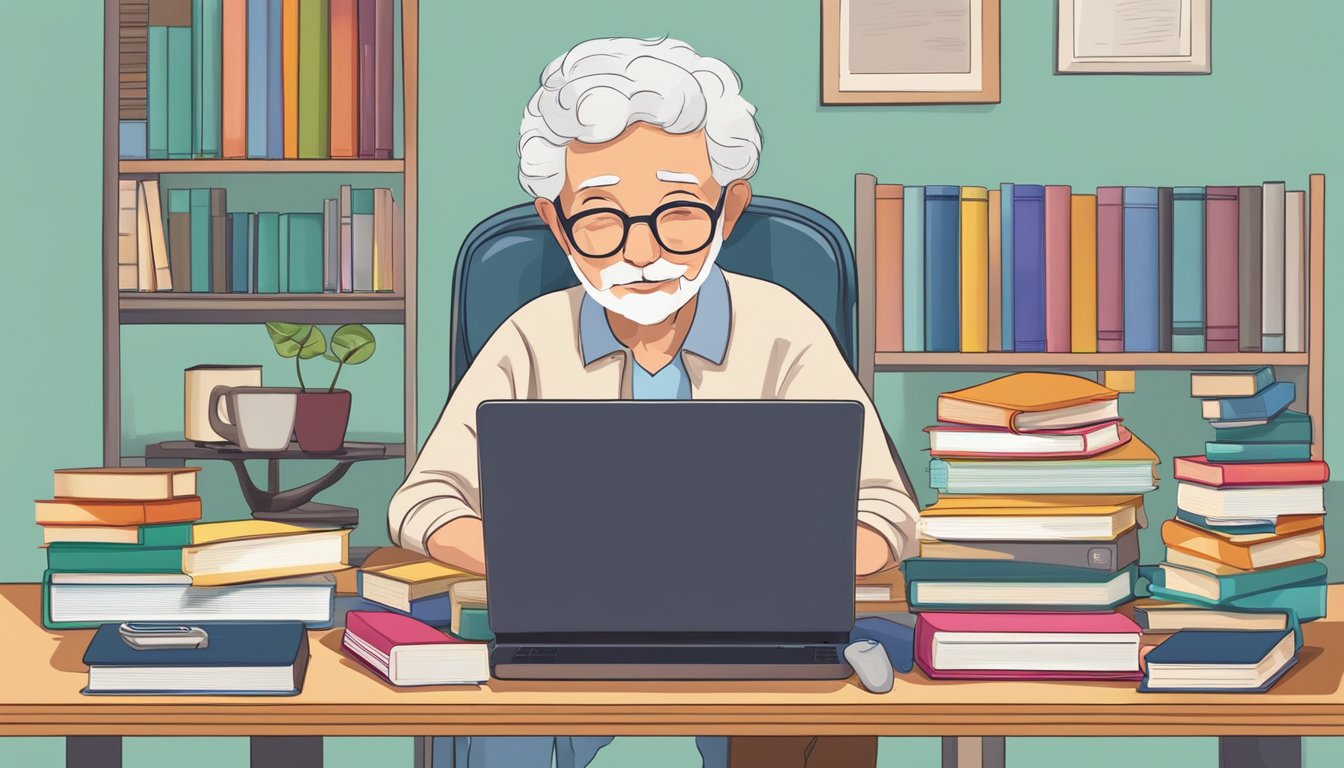 Elderly person using a computer, surrounded by books and online
learning resources, overcoming barriers to online
education
