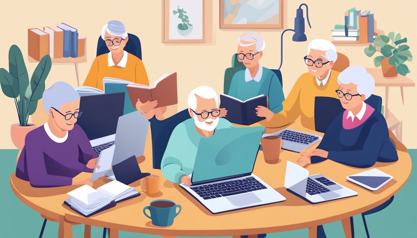 A group of senior citizens engage in online learning, surrounded by
books, laptops, and exercise equipment, promoting mental and physical
well-being