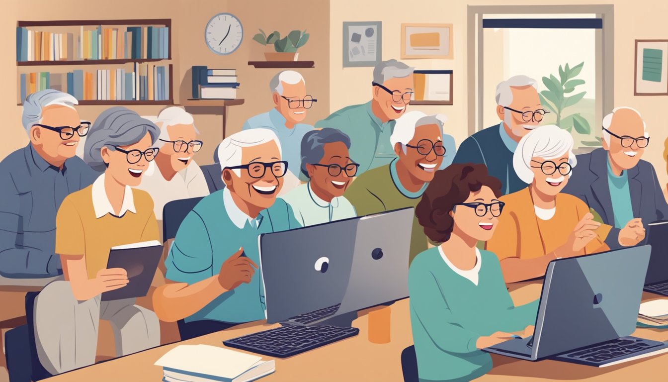 A group of seniors engage in online learning, surrounded by books,
computers, and educational materials. Laughter and conversation fill the
room as they explore new topics and expand their
knowledge