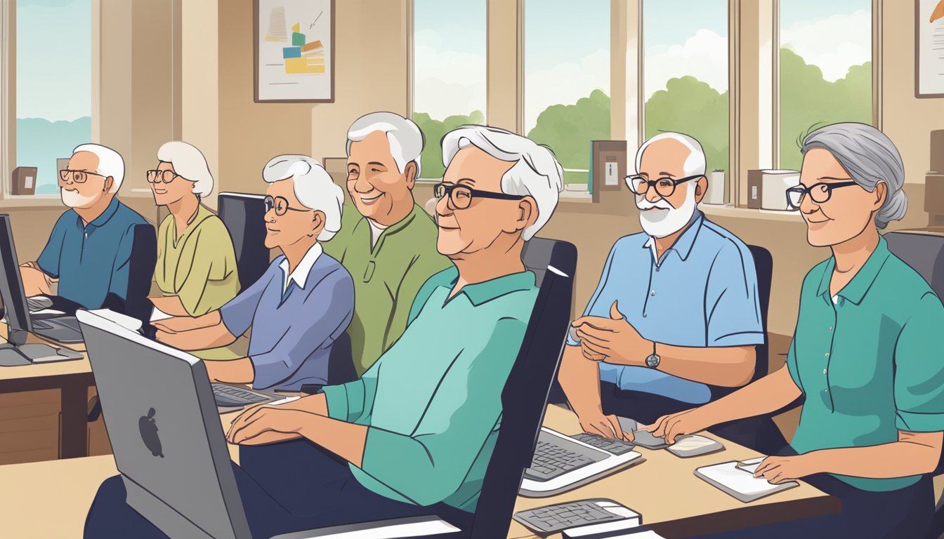 A group of elderly individuals sit at their computers, engaging in
online courses. A variety of educational resources are displayed on the
screen, showcasing the opportunities for continued learning in
retirement