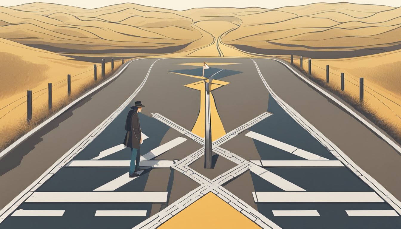A person standing at a crossroads, with one path leading to confidence
and the other to ignorance, symbolizing the Dunning-Kruger Effect in
personal
development