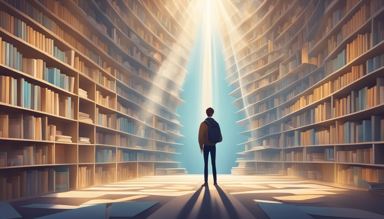 A person standing at a crossroads, surrounded by books and research
papers. Light shining down on a path leading to self-awareness and
growth
