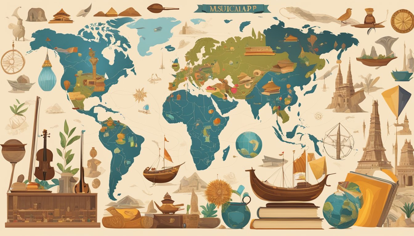 A world map surrounded by various cultural artifacts and symbols,
including books, musical instruments, traditional clothing, and food
items