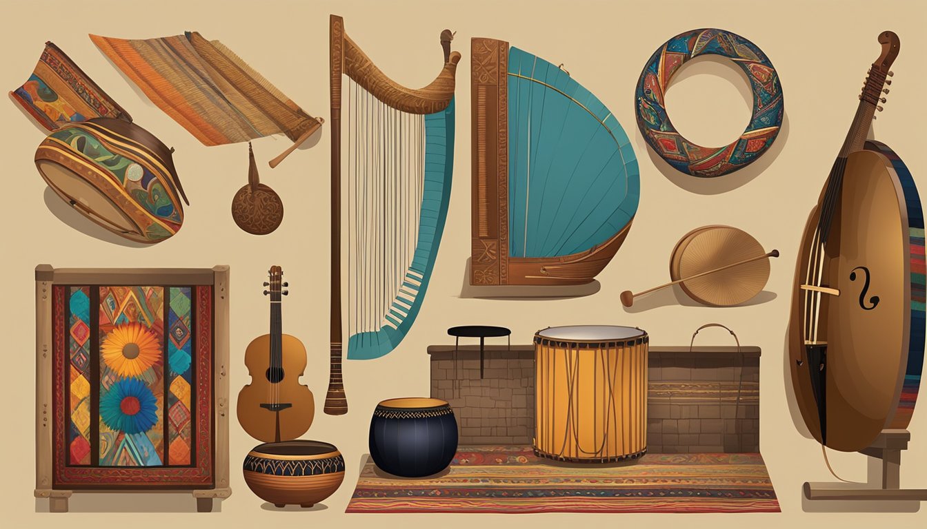 A diverse array of traditional artifacts, musical instruments, and
colorful textiles from various cultures displayed in a museum
exhibit