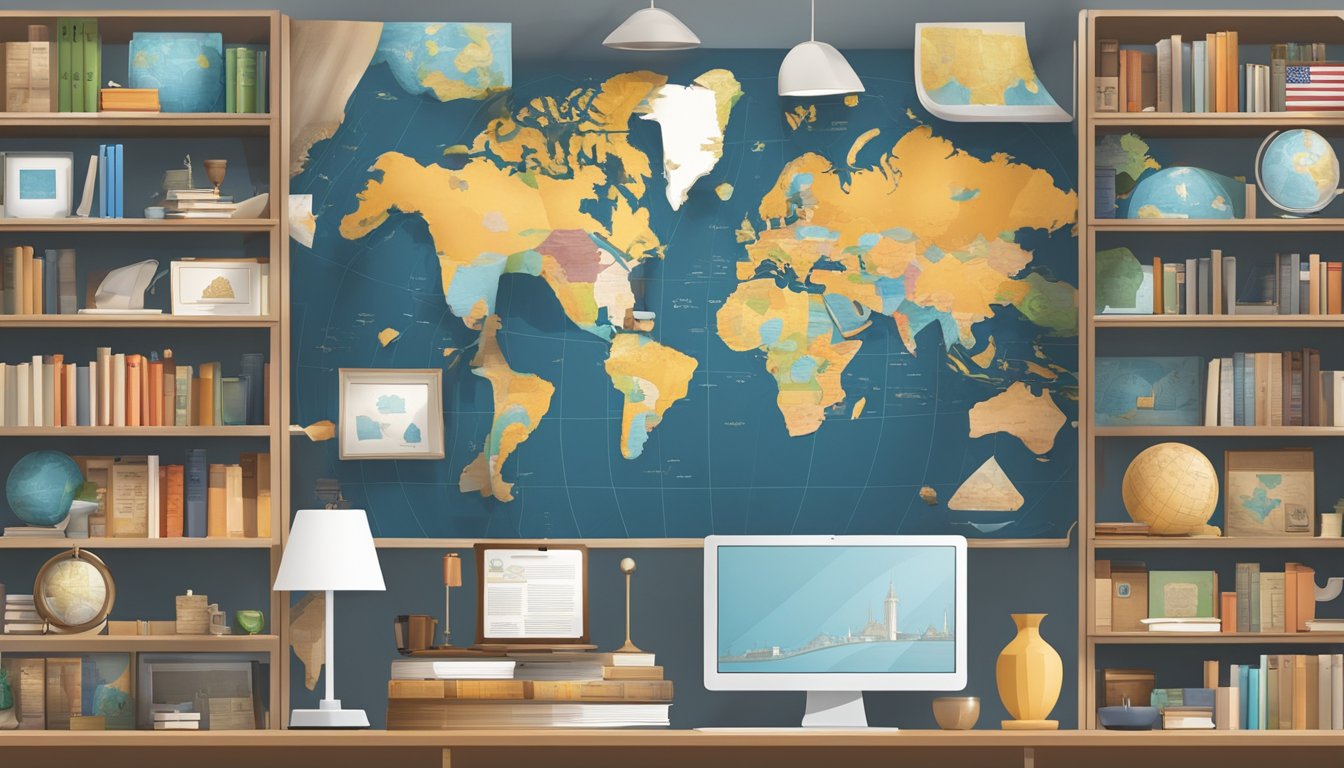 A diverse collection of world maps, flags, and cultural artifacts
displayed on shelves and walls, surrounded by digital devices and
educational
materials