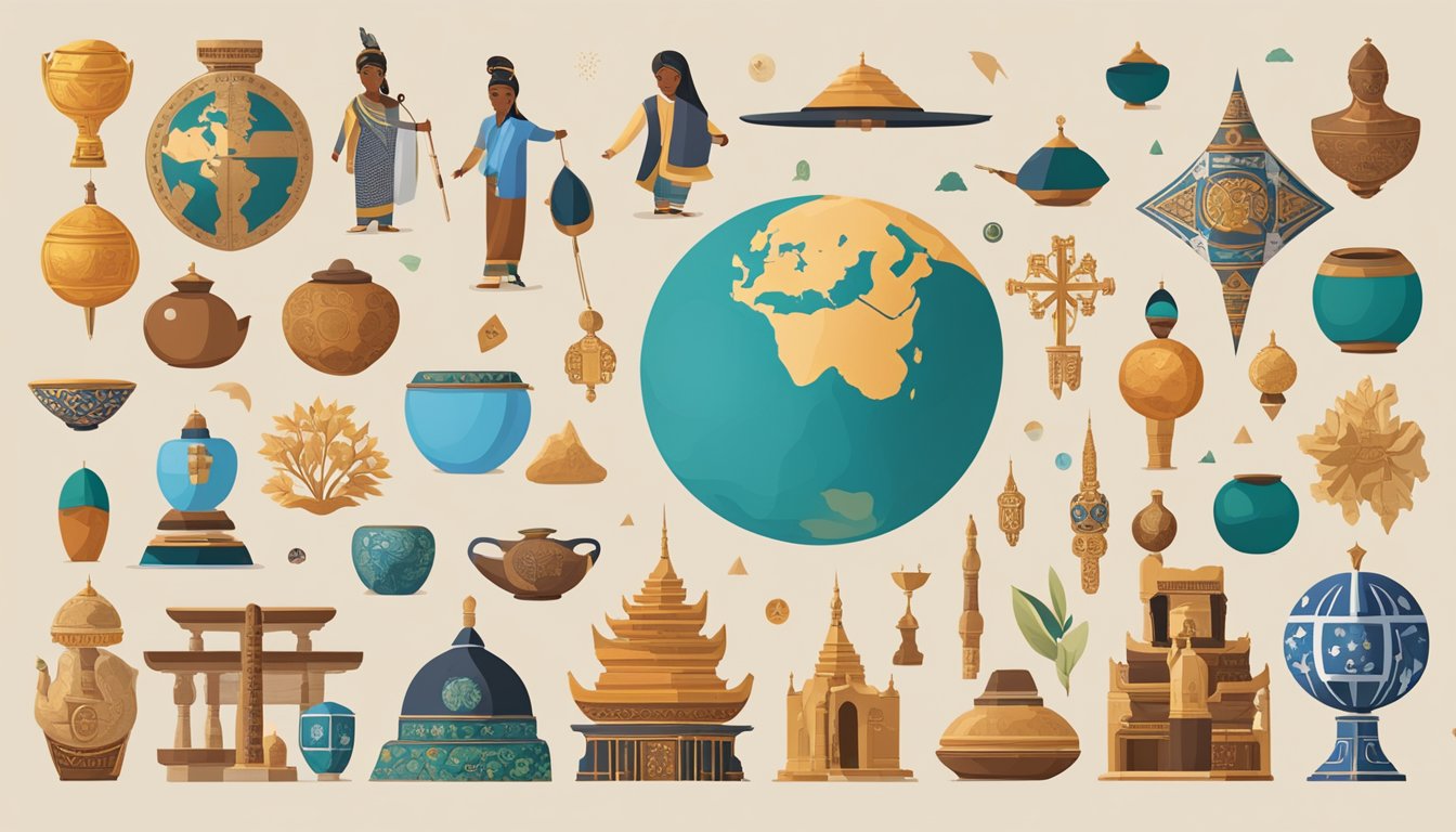 A diverse collection of global symbols and artifacts representing
various world cultures, displayed in an online resource platform for
global
learning