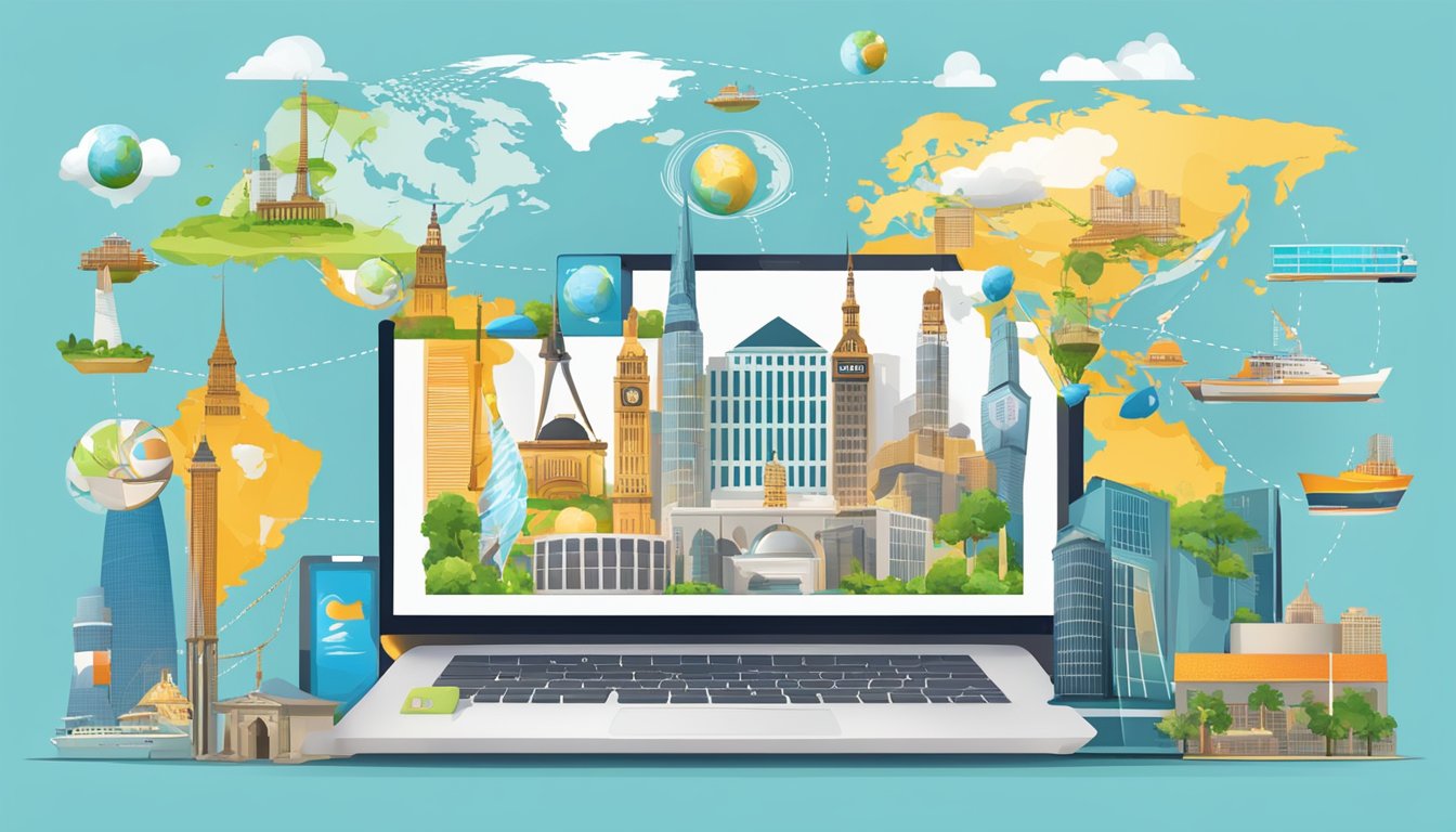 Various global symbols and landmarks connect through digital devices,
representing cultural exchange and
learning