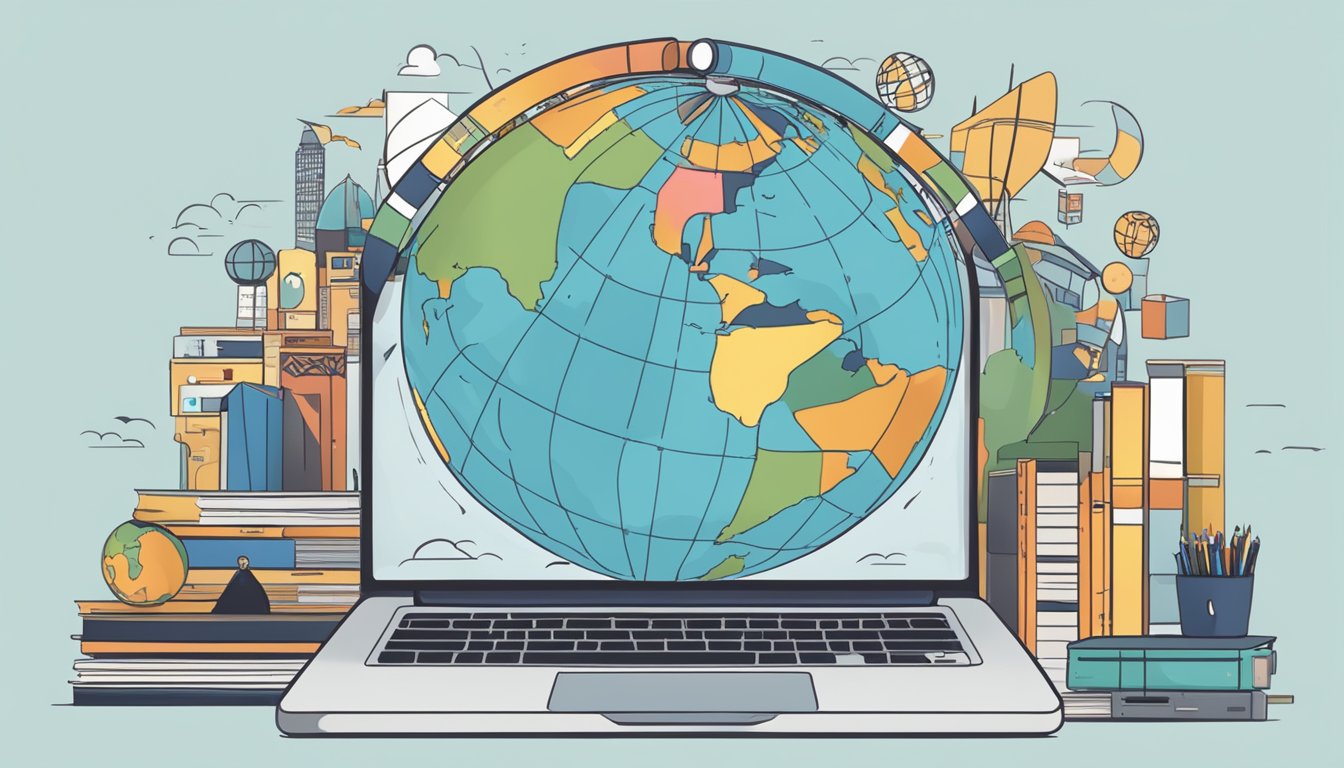A globe surrounded by diverse cultural symbols, with a laptop
displaying online resources for global
learning