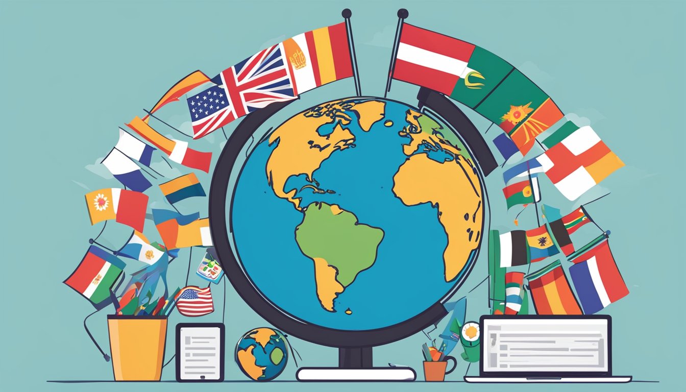 A globe surrounded by diverse cultural symbols and flags, with a
computer displaying online learning
resources