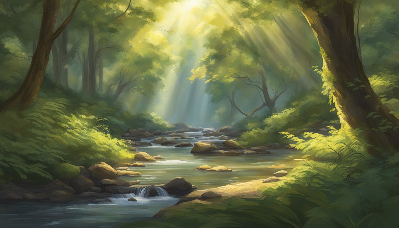 Sunlight filters through the dense canopy, illuminating the forest
floor. Birds chirp and leaves rustle in the gentle breeze. A small
stream trickles nearby, adding to the serene
atmosphere