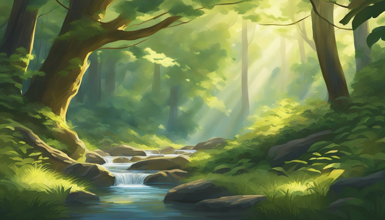Sunlight filters through the dense canopy, illuminating the forest
floor. A gentle stream trickles nearby, surrounded by vibrant green
foliage and towering trees. The air is filled with the sounds of birds
and rustling
leaves