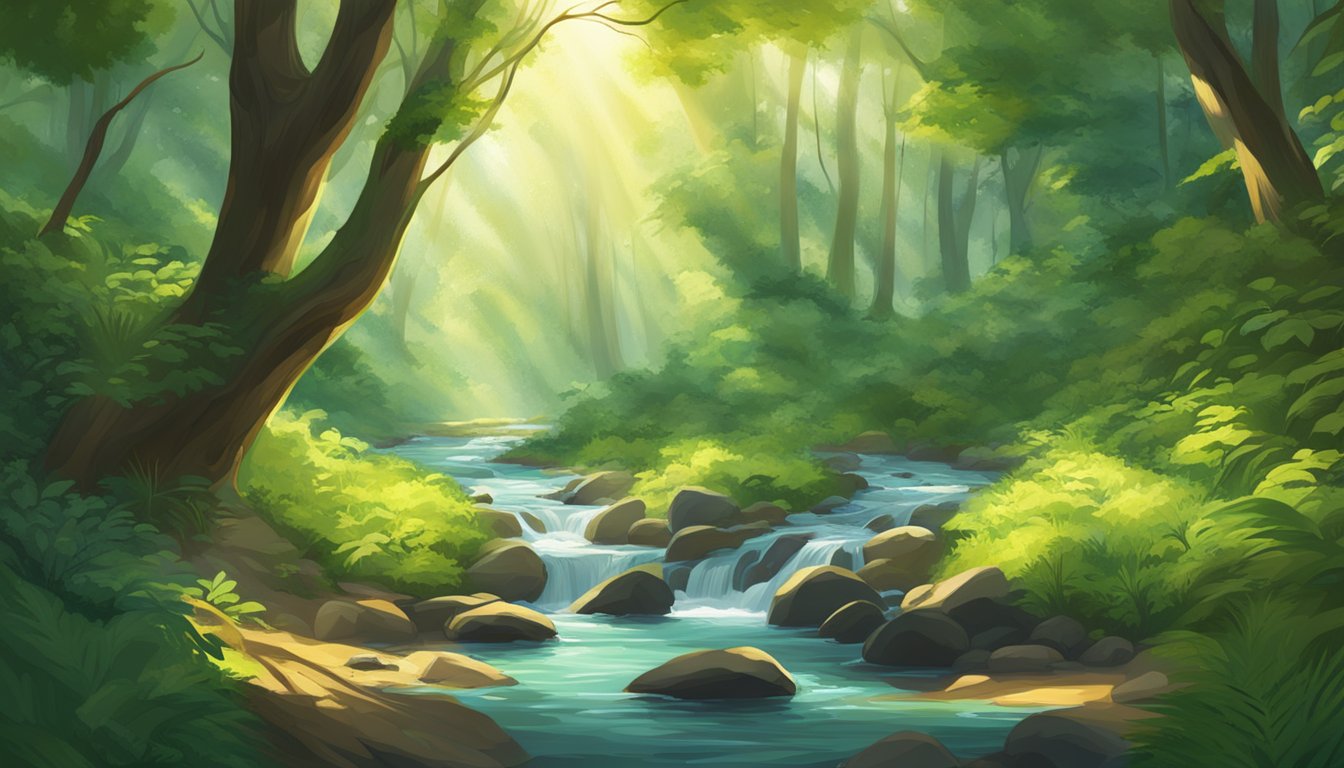 Sunlight filters through the dense canopy, illuminating a lush forest
floor. A gentle stream trickles nearby, surrounded by vibrant green
foliage and the soothing sounds of
nature