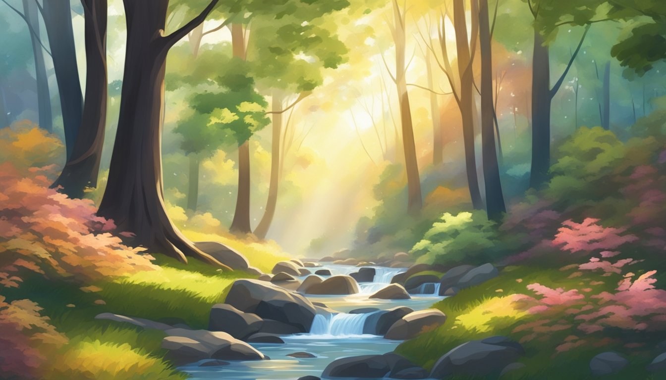 A serene forest with sunlight filtering through the trees, a gentle
stream, and colorful foliage. A sense of tranquility and mindfulness
permeates the scene, inviting the viewer to immerse themselves in
nature