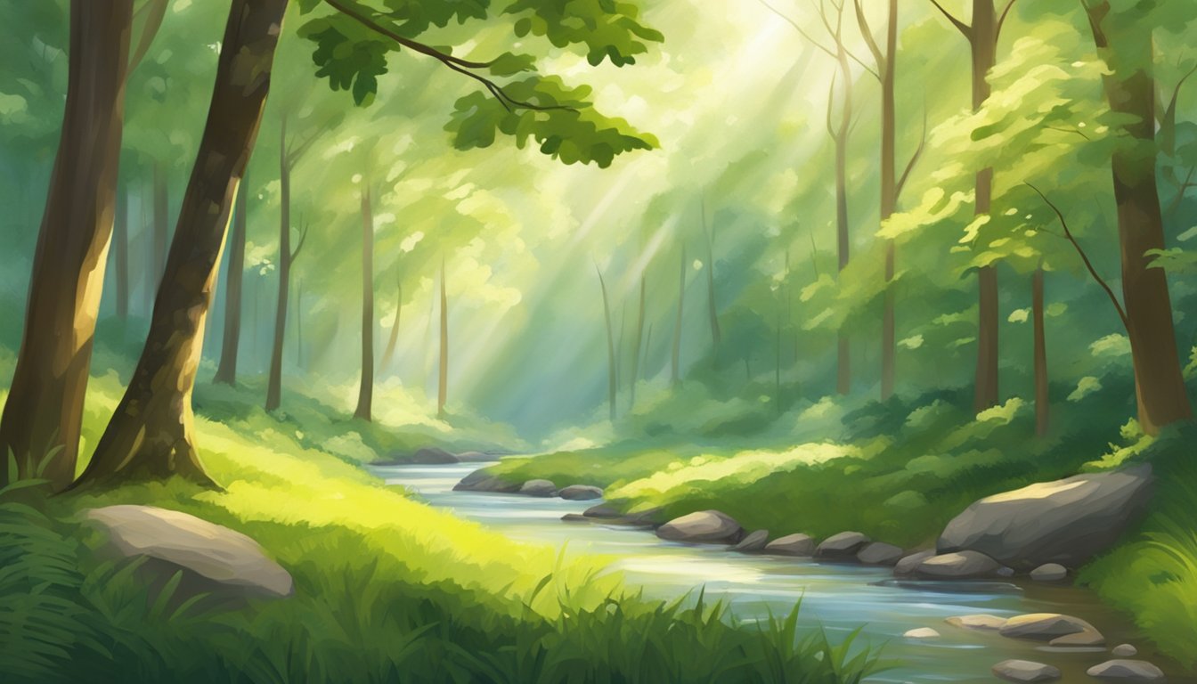 A serene forest with dappled sunlight, lush greenery, and a gentle
stream. A sense of peace and tranquility emanates from the natural
surroundings, inviting a feeling of mindfulness and connection to the
environment