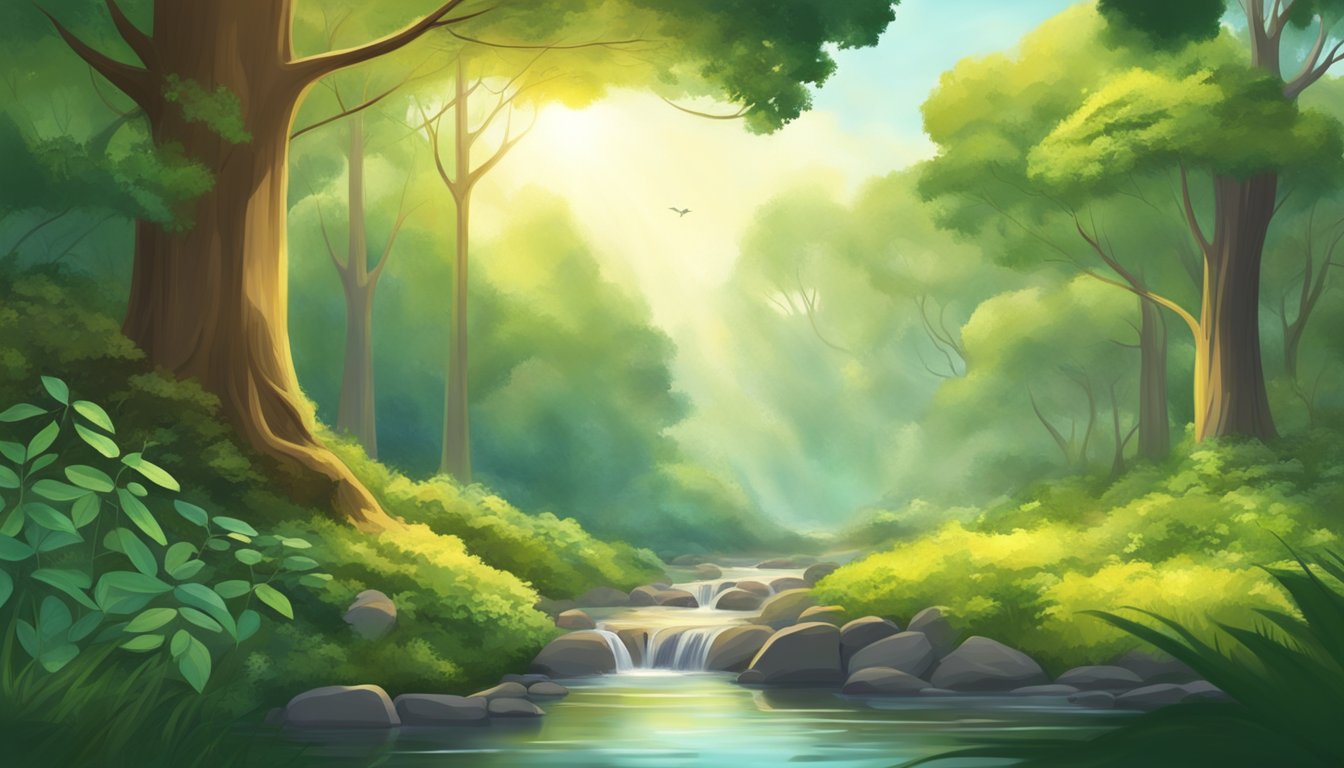 A serene forest with diverse flora and fauna, a gentle stream, and
sunlight filtering through the canopy. A sense of tranquility and
connection to
nature