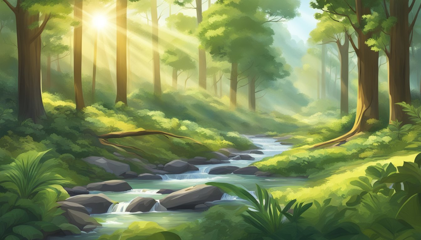 A serene forest with sunlight filtering through the trees, a gentle
stream flowing, and various plants and wildlife coexisting
peacefully