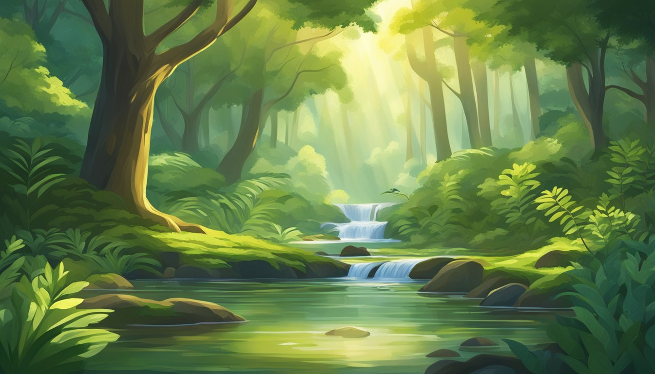 A lush forest with diverse plant life, a tranquil stream, and sunlight
filtering through the canopy. A sense of peace and connection to
nature