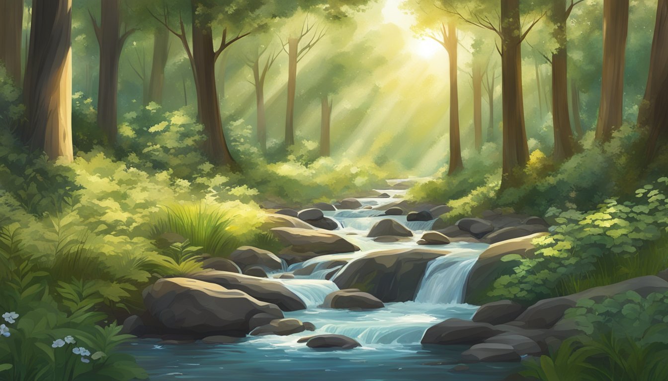 A serene forest clearing with dappled sunlight filtering through the
trees, a bubbling stream, and diverse flora and
fauna