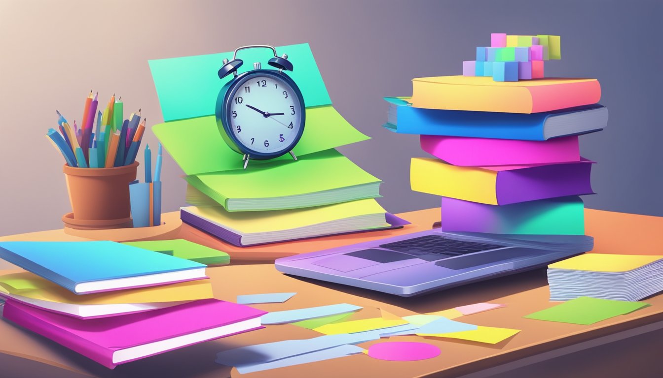 A stack of open books and a laptop on a desk, surrounded by colorful
sticky notes and highlighters. A clock on the wall shows the passage of
time