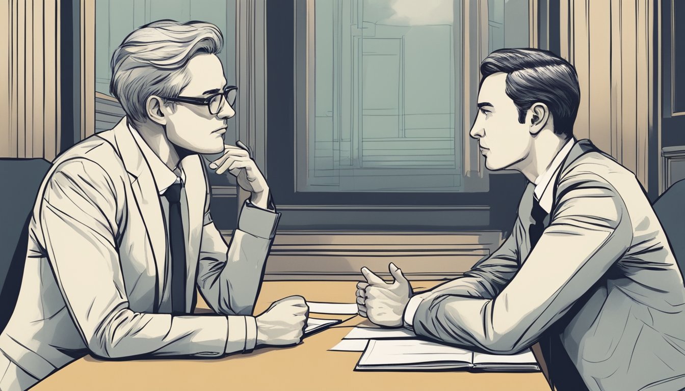 Two individuals sitting at a table, engaged in a discussion. One
person gestures confidently while the other listens intently, showing
signs of thoughtful consideration. A sense of tension and determination
fills the
air