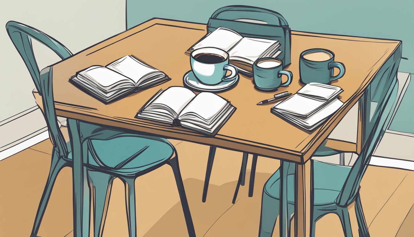 A table set with two chairs facing each other, with a notepad, pen,
and a cup of coffee on each side. A stack of negotiation books sits in
the
middle