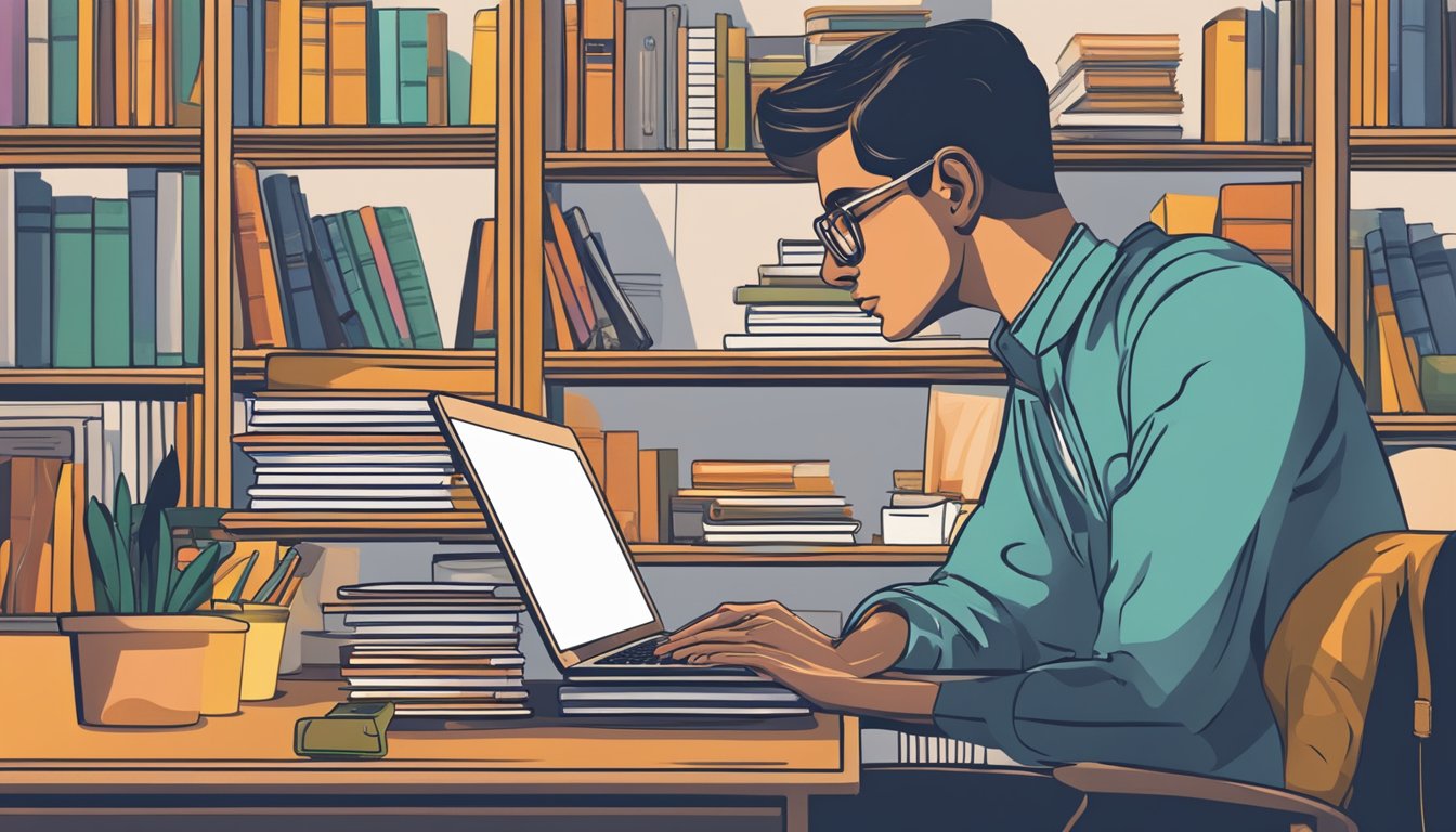 A person sits at a desk, surrounded by books and a laptop. They are
deep in thought, evaluating their career goals and considering the right
online course for their career
development