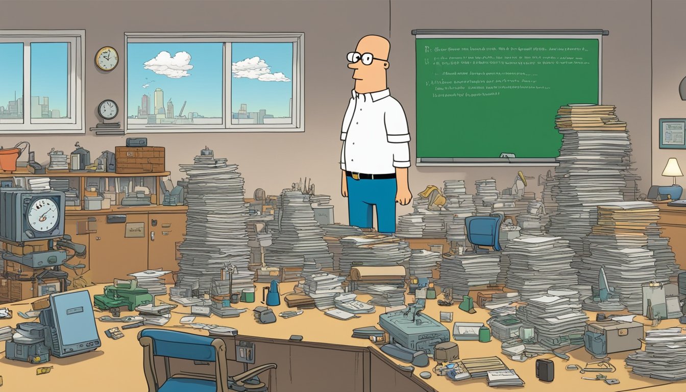 Scott Adams and Dilbert discussing failure and success, surrounded by
piles of failed inventions and a chart showing their eventual
success