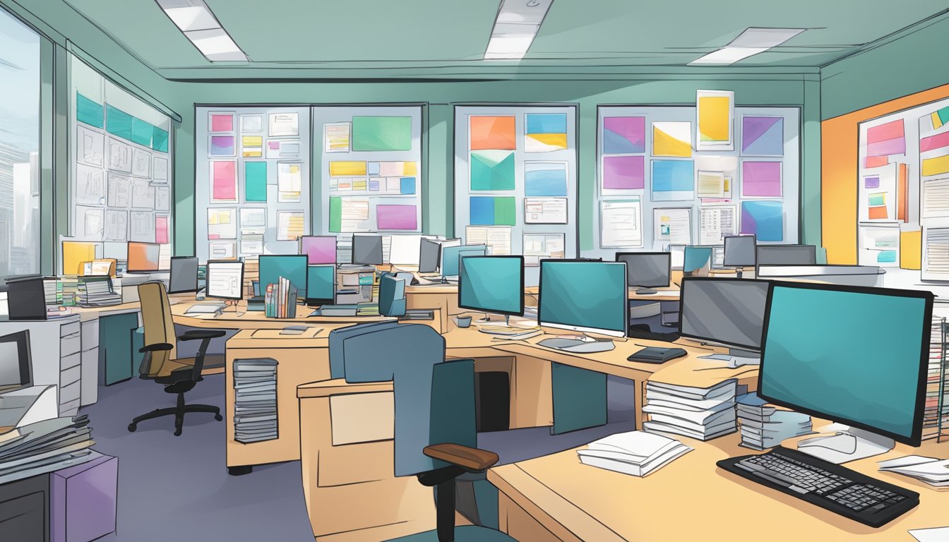 A bustling office with bright lights, buzzing computers, and stacks of
paperwork. A clock on the wall shows the time as 9 am, and a whiteboard
is filled with colorful charts and
graphs