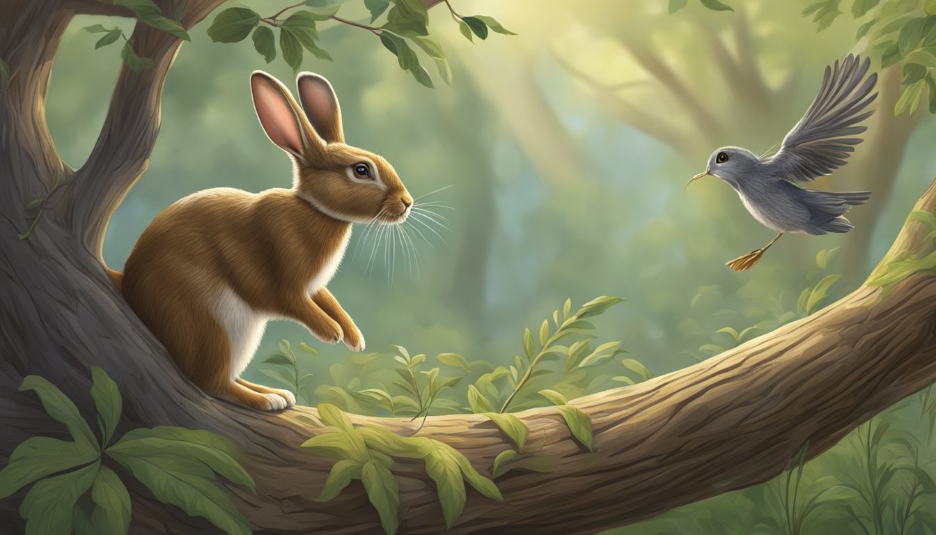 A rabbit narrowly misses a falling tree branch, while a bird finds a
worm just before a predator swoops
in