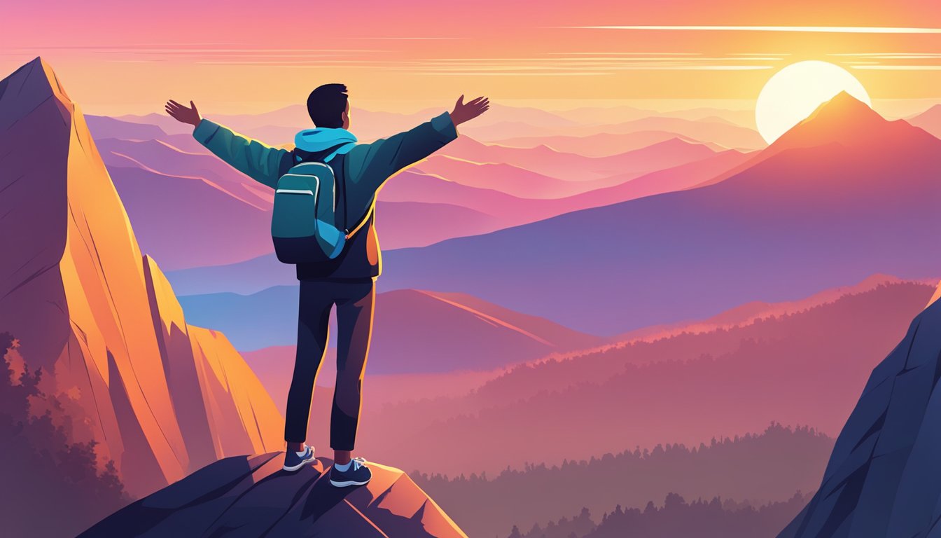 A person standing on a mountain peak, arms outstretched, facing the
sunrise. The vibrant colors of the sky reflect in their eyes, conveying
determination and
resilience