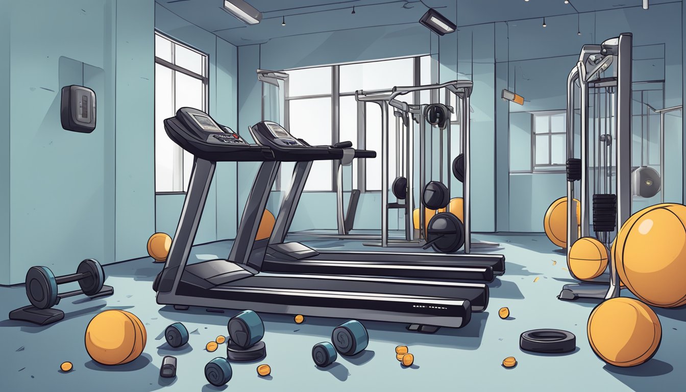 A gym with scattered weights, abandoned treadmill, and a broken
fitness
tracker