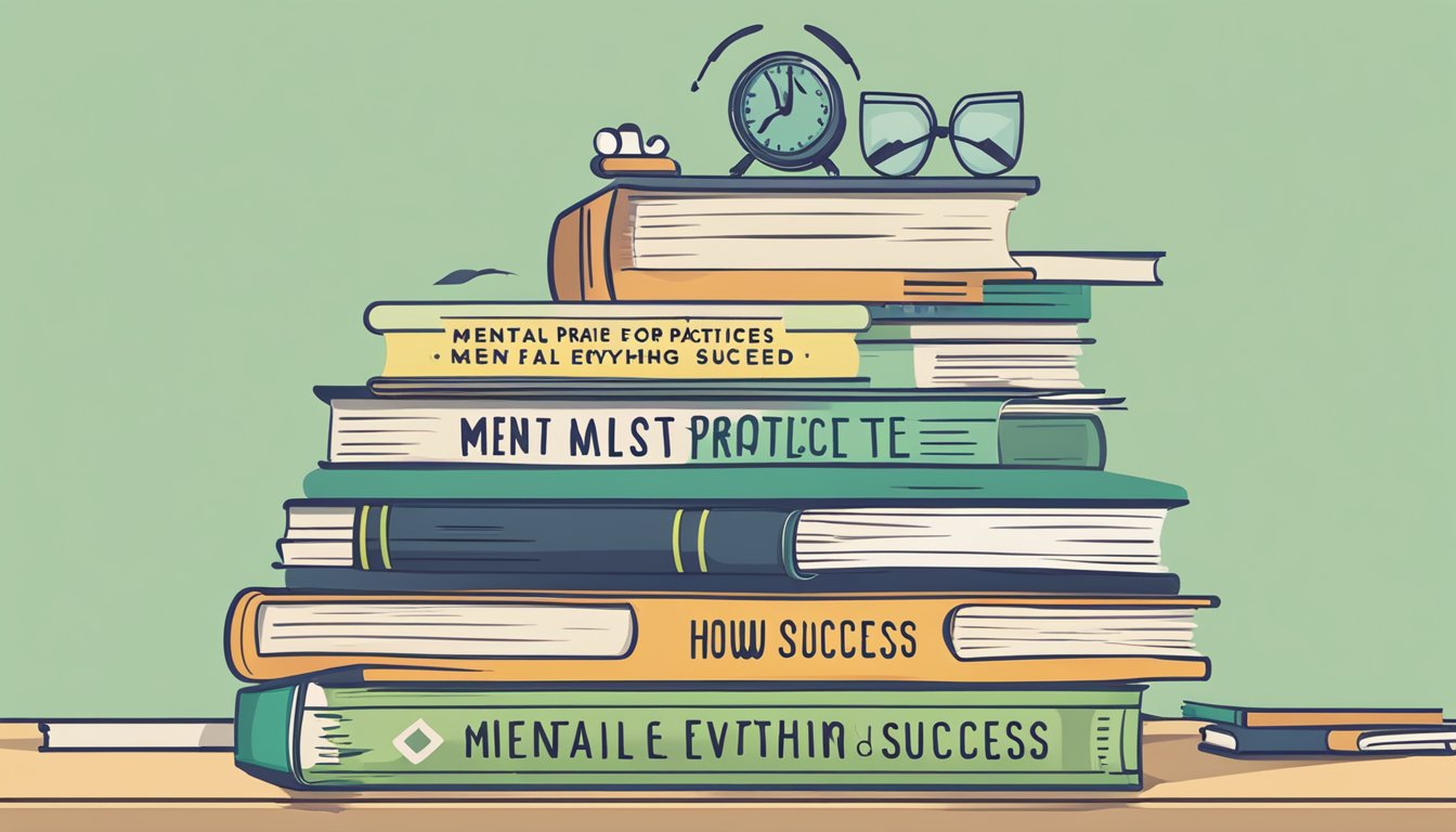 A stack of books with titles “Mental Practices For Success” and “How
to fail at almost everything and still succeed” on a
desk