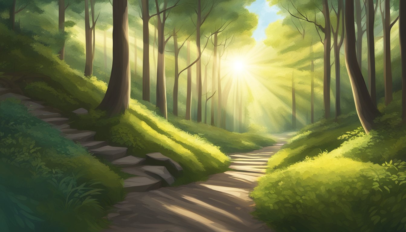 A winding path leads through a forest, with sunlight breaking through
the trees and illuminating the way
forward