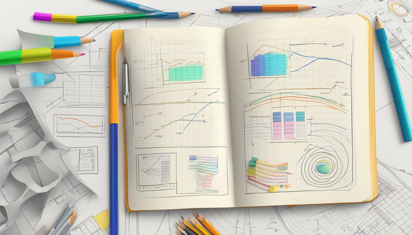 A blank notebook sits open on a desk, surrounded by colorful pens and
pencils. The pages are filled with neatly organized notes and diagrams,
showcasing the Feynman Technique in
action