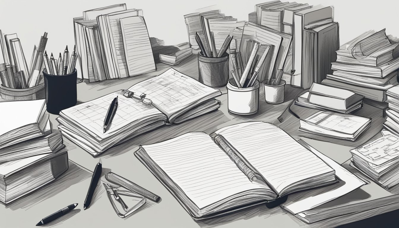 A cluttered desk with books, papers, and a pen. A person scribbles
notes, distilling complex ideas into simple
explanations