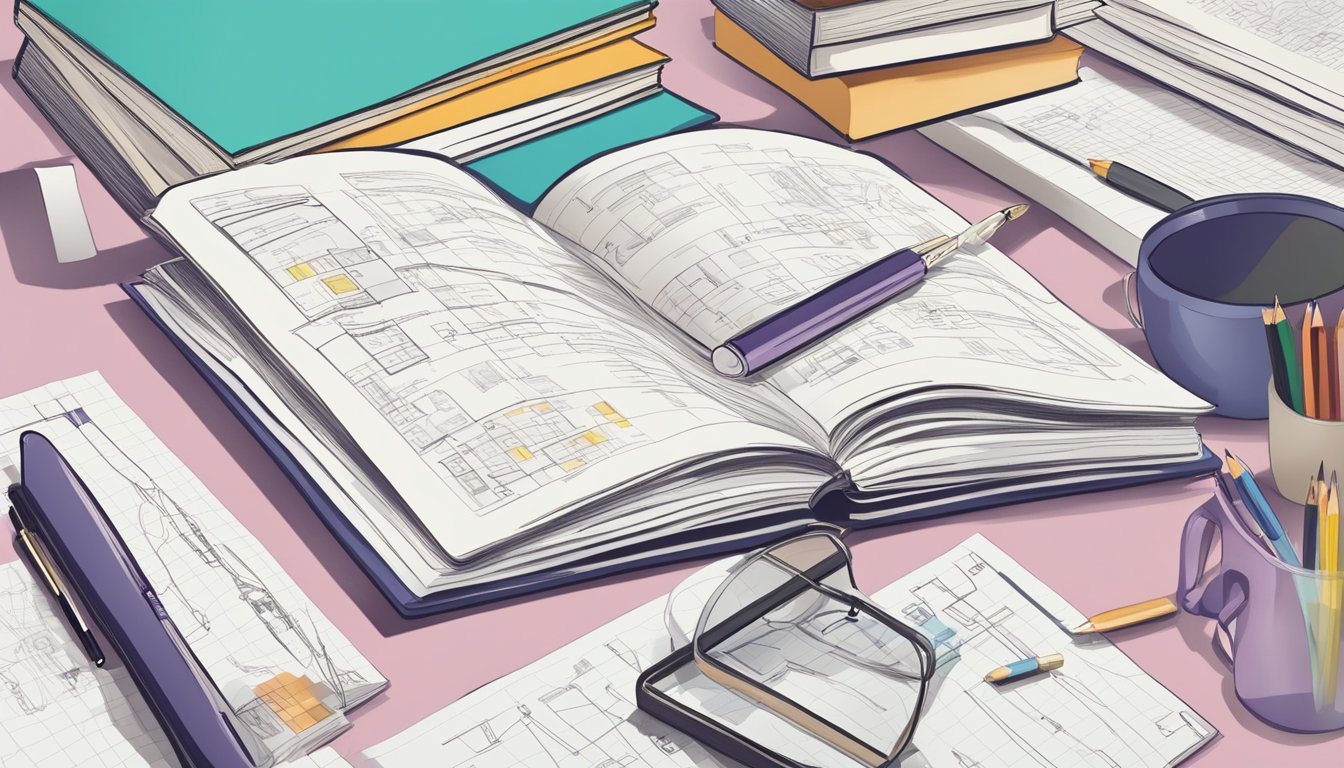 A cluttered desk with open textbooks, a notebook, and a pen. A
person’s hand drawing simple diagrams and writing
explanations