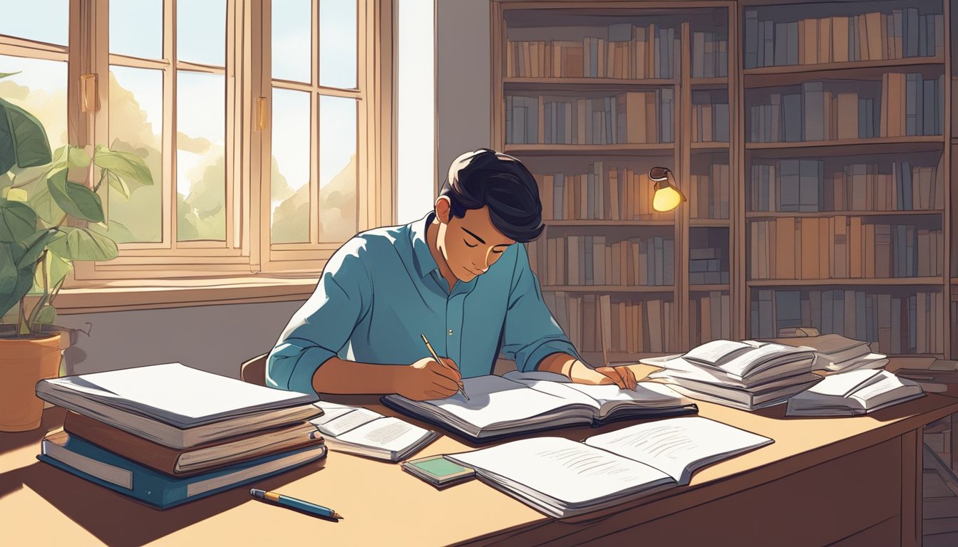 A desk with open books, notes, and a pen. A person deep in thought,
surrounded by study materials. Light from a nearby window illuminates
the
scene